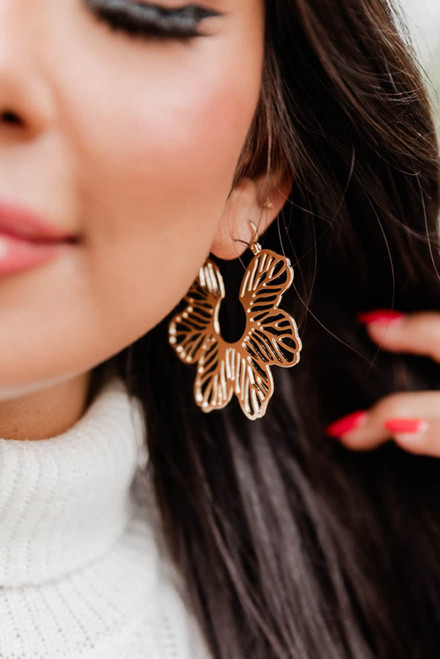 Gold Hollowed Flower Pendant Earrings