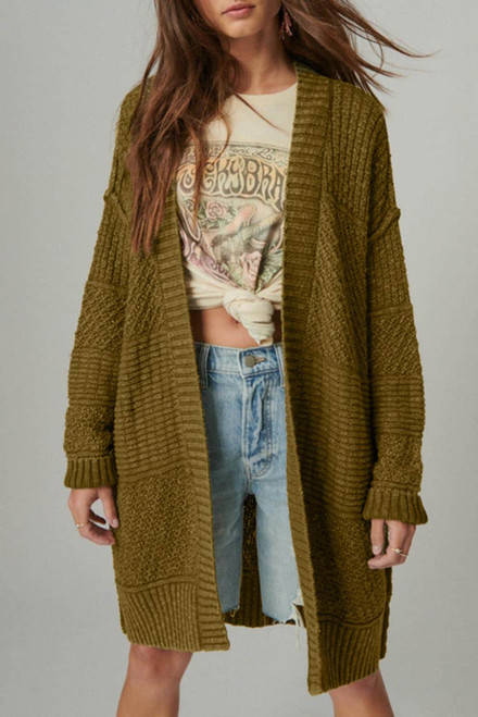 Green Exposed Seam Mixed Knit Drop Shoulder Cardigan