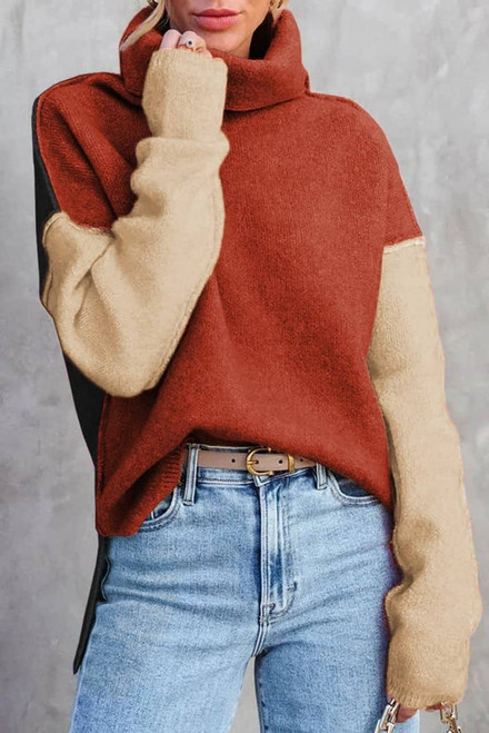 Clay Red Color Block Turtle Neck Drop Shoulder Knit Sweater Clay Red Color Block Turtle Neck Drop Shoulder Knit Sweater