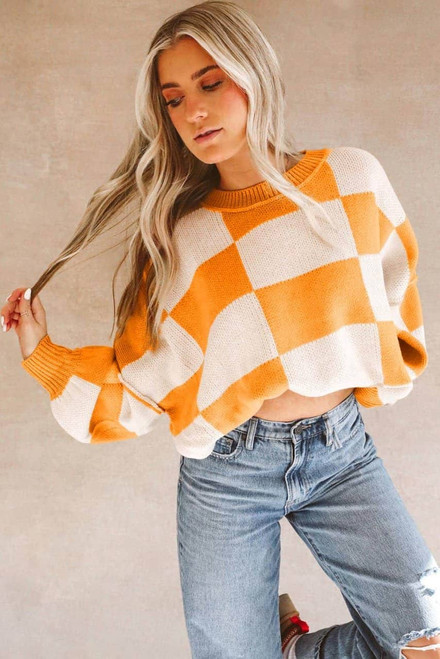 Orange Checkered Bishop Sleeve Sweater