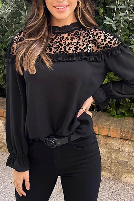 Black Leopard Mesh Splicing Ruffle Long Sleeve Blouse Black Leopard Mesh Splicing Ruffle Long Sleeve Blouse