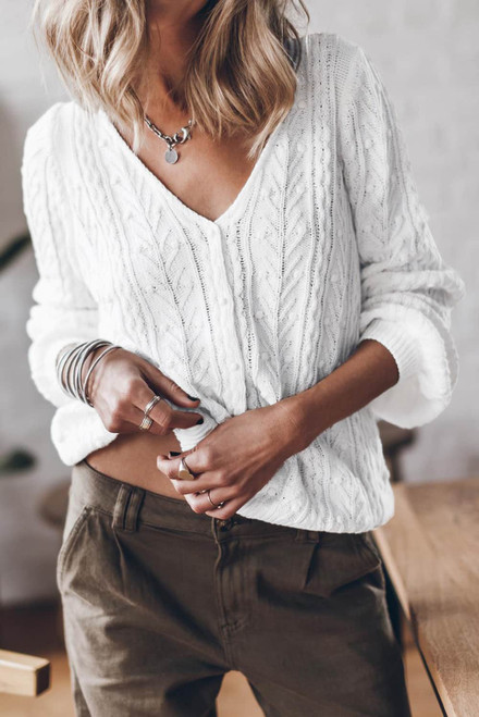 White Solid Cable Knit V-Neck Puff Sleeve Cardigan