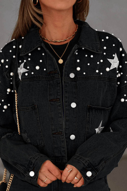 Black Distressed Pearls Star Cropped Denim Jacket