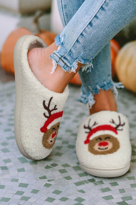 White Christmas Deer Home Indoor Plush Slippers White Christmas Deer Home Indoor Plush Slippers