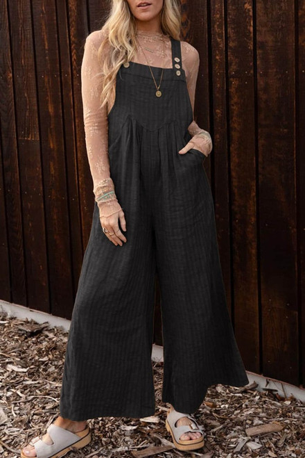 Black Striped Pleated Wide Leg Pocketed Jumpsuit Black Striped Pleated Wide Leg Pocketed Jumpsuit