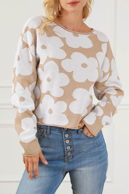 Light French Beige Flower Pattern Cropped Sweater