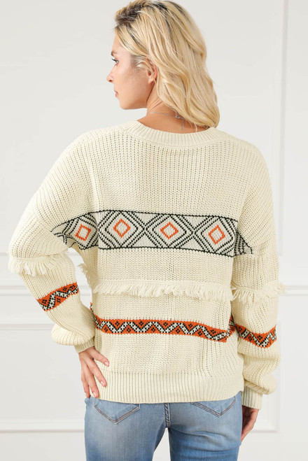 Snow White Western Geometric Print Tasseled Textured Sweater