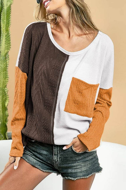 Brown Color Block Patchwork Chest Pocket Long Sleeve Top Brown Color Block Patchwork Chest Pocket Long Sleeve Top