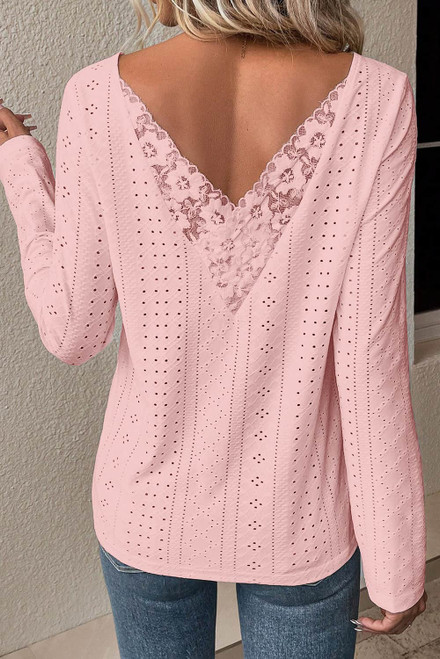 Light Pink Floral Lace Splicing Eyelet Long Sleeve Top