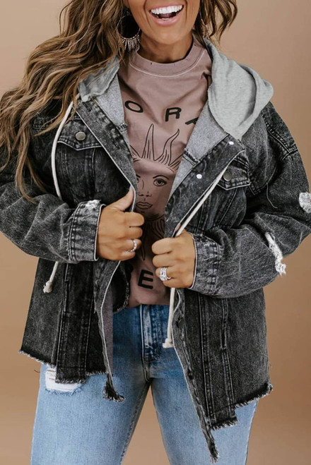 Black Drawstring Hooded Frayed Denim Jacket Black Drawstring Hooded Frayed Denim Jacket