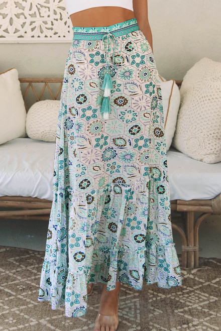 Sky Blue Boho Floral Print Maxi Skirt