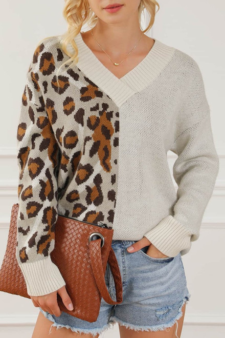 Leopard Color Block V Neck Drop Shoulder Knit Sweater Leopard Color Block V Neck Drop Shoulder Knit Sweater