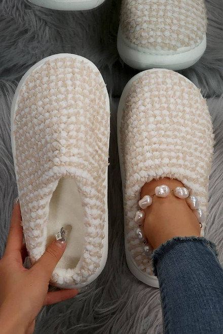 Pale Khaki Two-tone Knitted Warm Homewear Slippers Pale Khaki Two-tone Knitted Warm Homewear Slippers