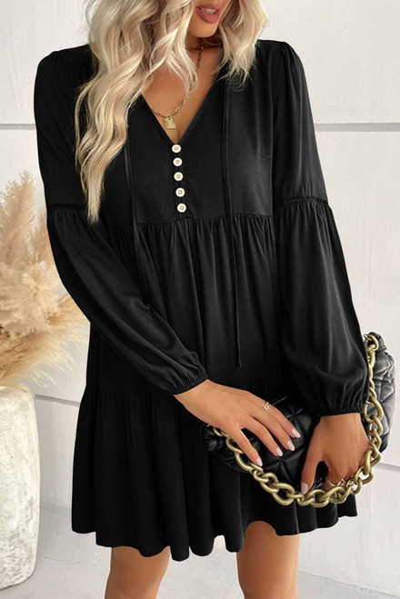 Black Lace Puff Sleeve Buttoned Tiered Ruffled Mini Dress Black Lace Puff Sleeve Buttoned Tiered Ruffled Mini Dress