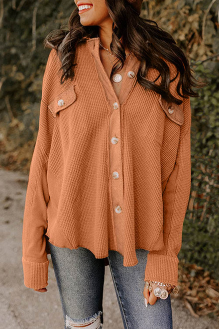 Gold Flame Button Flap Pocket Waffle Knit Shacket Gold Flame Button Flap Pocket Waffle Knit Shacket