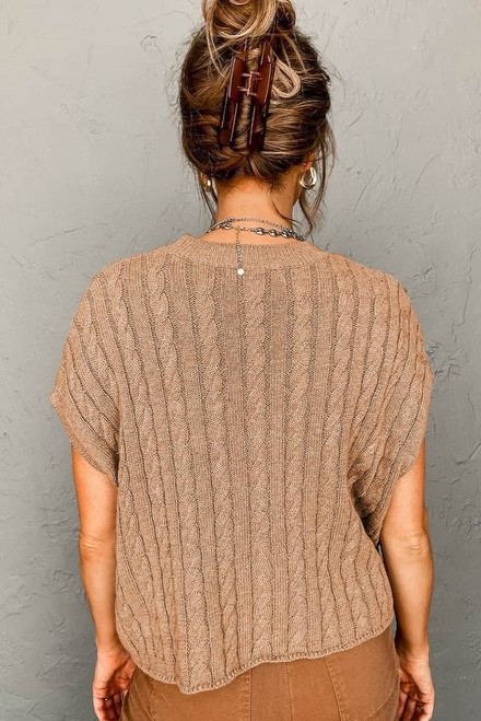 Light French Beige Crew Neck Cable Knit Short Sleeve Sweater Light French Beige Crew Neck Cable Knit Short Sleeve Sweater