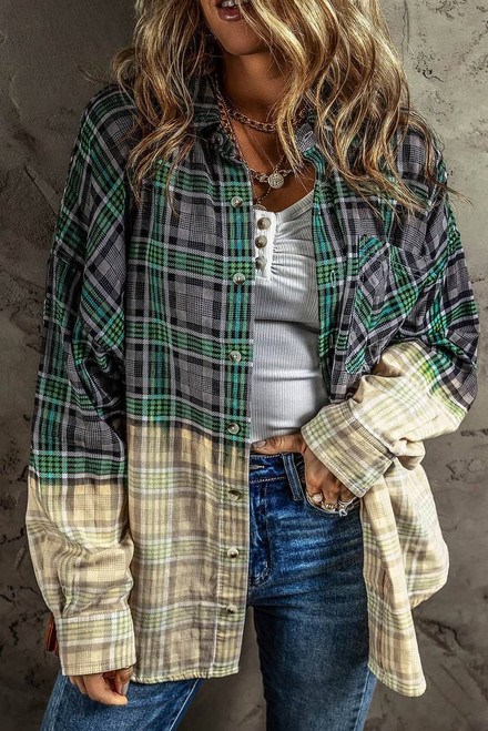 Blackish Green Contrast Plaid Patchwork Chest Pocket Button up Shacket Blackish Green Contrast Plaid Patchwork Chest Pocket Button up Shacket