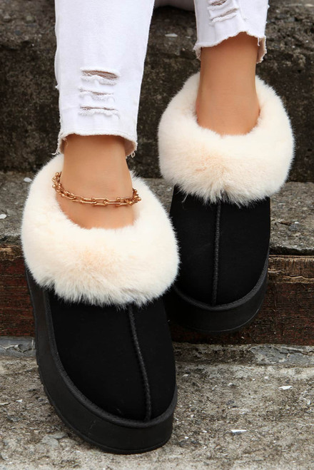 Black Plush Suede Trim Thick Sole Flat Snow Boots