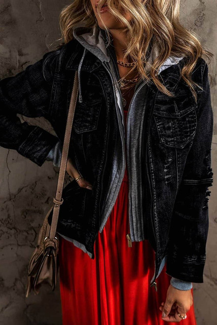 Black Fake Two-Piece Hooded Zip-Up Denim Jacket Black Fake Two-Piece Hooded Zip-Up Denim Jacket