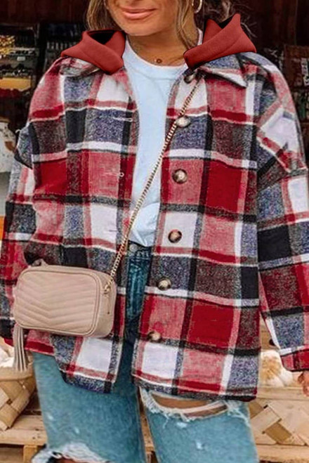 Red Printed Plus Size Plaid Button up Hooded Jacket Red Printed Plus Size Plaid Button up Hooded Jacket