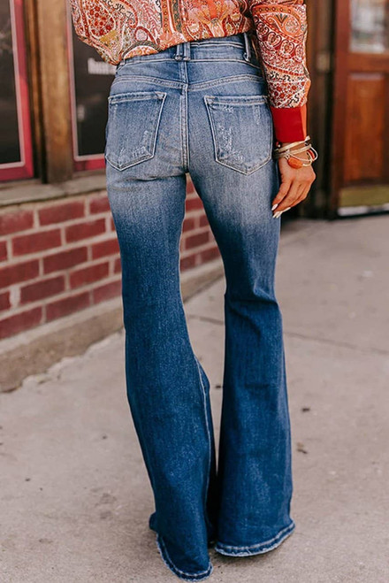 Sky Blue Button Fly Ripped High Waist Flare Jeans Sky Blue Button Fly Ripped High Waist Flare Jeans