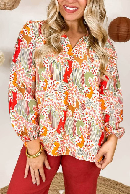 Orange Printed Split V Neck Puff Sleeve Blouse Orange Printed Split V Neck Puff Sleeve Blouse
