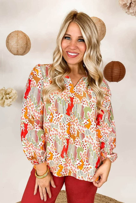 Orange Printed Split V Neck Puff Sleeve Blouse Orange Printed Split V Neck Puff Sleeve Blouse