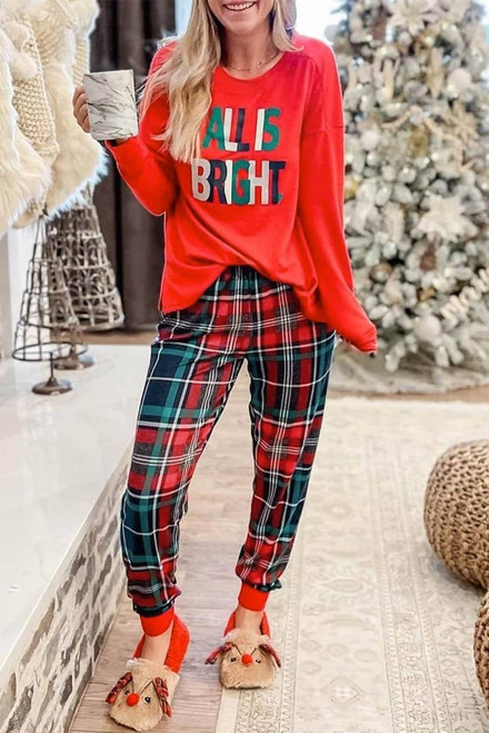 Multicolor ALL IS BRIGHT Graphic Christmas Plaid Pajamas Set Multicolor ALL IS BRIGHT Graphic Christmas Plaid Pajamas Set