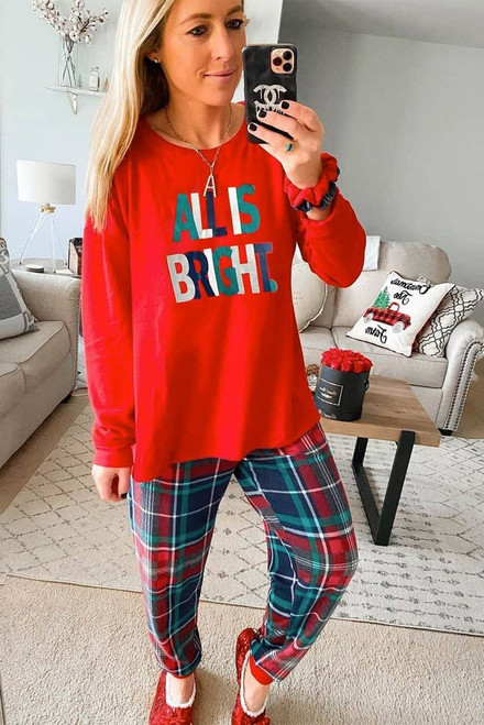 Multicolor ALL IS BRIGHT Graphic Christmas Plaid Pajamas Set Multicolor ALL IS BRIGHT Graphic Christmas Plaid Pajamas Set