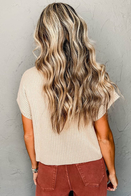 Oatmeal Patch Pocket Ribbed Knit Short Sleeve Sweater Oatmeal Patch Pocket Ribbed Knit Short Sleeve Sweater