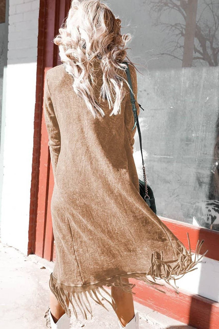 Light French Beige Fringed Hem Pocketed Open Cardigan Light French Beige Fringed Hem Pocketed Open Cardigan