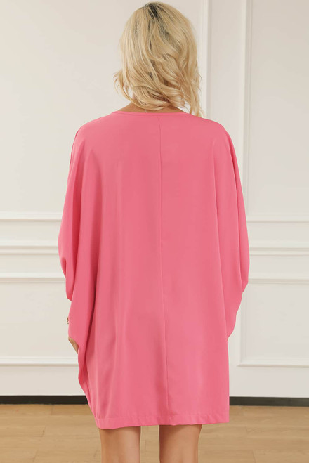 Strawberry Pink V Neck Dolman Sleeve Short Shift Dress