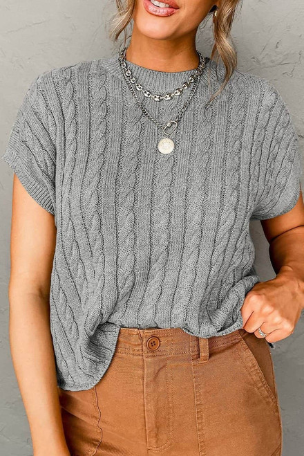 Gray Crew Neck Cable Knit Short Sleeve Sweater Gray Crew Neck Cable Knit Short Sleeve Sweater