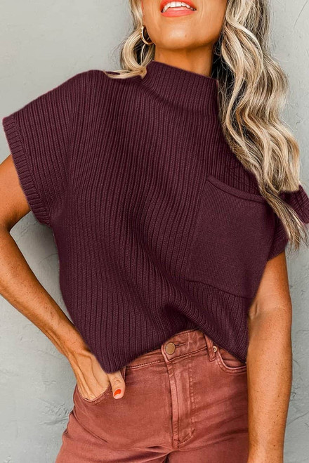 Mineral Red Patch Pocket Ribbed Knit Short Sleeve Sweater Mineral Red Patch Pocket Ribbed Knit Short Sleeve Sweater