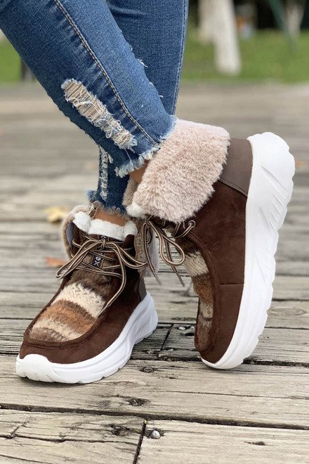 Coffee Plush Suede Patched Lace Up Ankle Boots