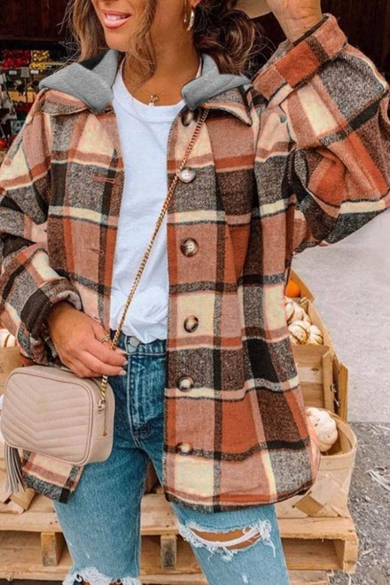 Orange Hooded Plaid Button Front Shacket Orange Hooded Plaid Button Front Shacket