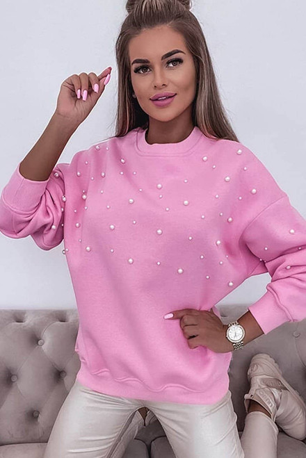 Bonbon Pearl Detail Ribbed Crew Neck Sweatshirt