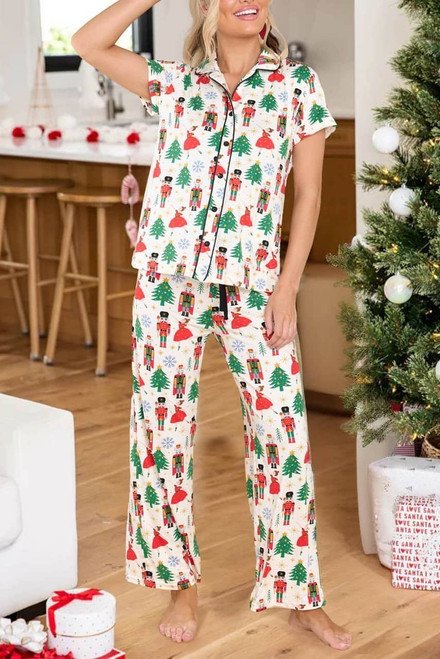 White Printed Christmas Pattern Buttoned Two Piece Sleepwear White Printed Christmas Pattern Buttoned Two Piece Sleepwear