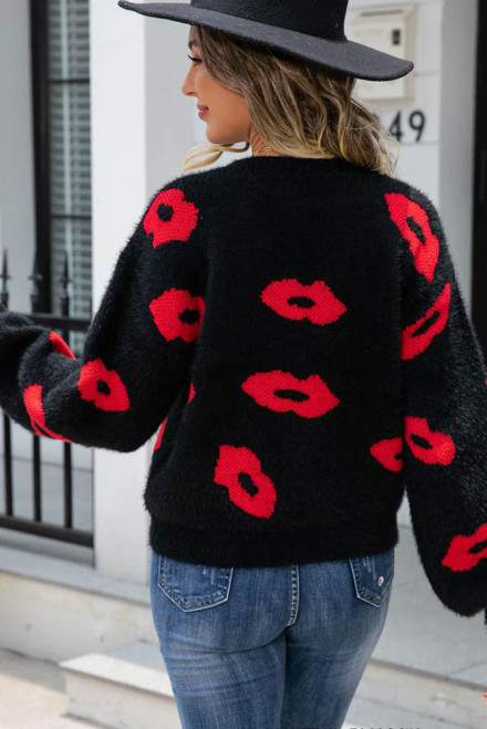 Black Valentine Kisses Fuzzy Sweater