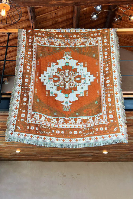 Orange Western Pattern Tasseled Large Blanket