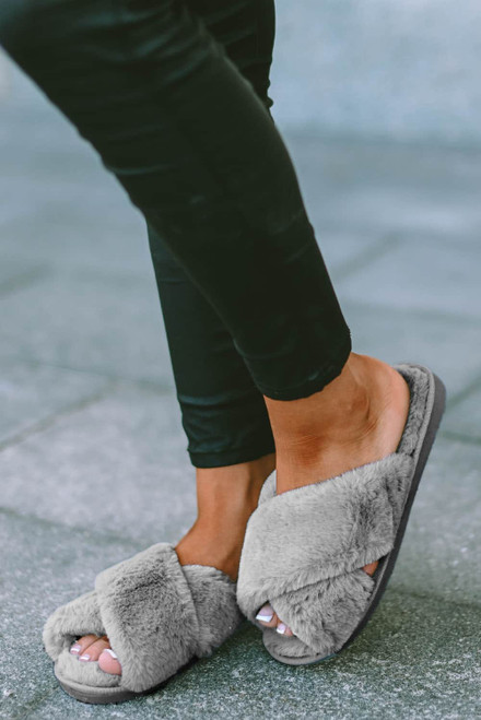 Gray Crossed Straps Winter Furry Slippers