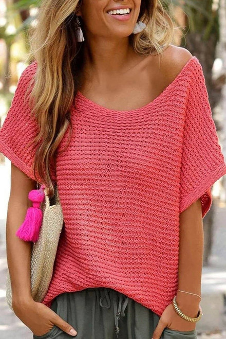 Red Clay Solid Loose Knit Short Dolman Sleeve Sweater Red Clay Solid Loose Knit Short Dolman Sleeve Sweater