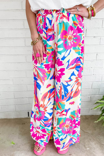 Rose Red Boho Flower Print Loose Wide Leg Pants