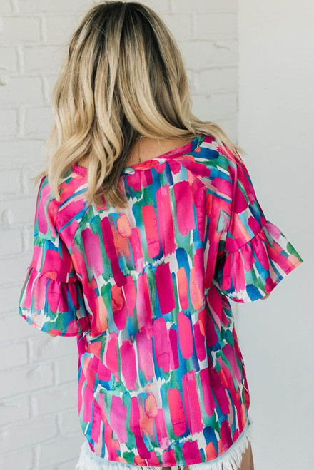 Rose Abstract Brushwork Print Buttoned V Neck Blouse Rose Abstract Brushwork Print Buttoned V Neck Blouse