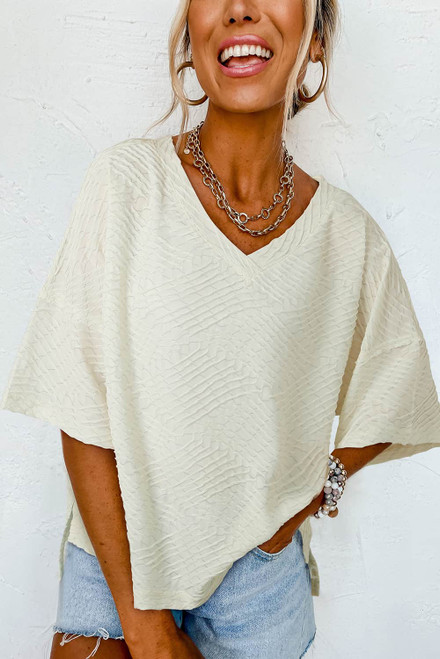 Beige V Neck Textured Split Hem Oversized Top