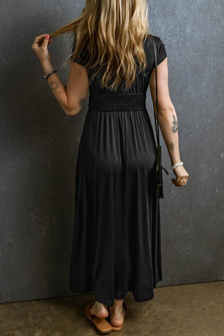 Black Short Sleeve Shirred High Waist V Neck Maxi Dress Black Short Sleeve Shirred High Waist V Neck Maxi Dress