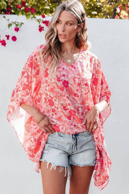 Pink Boho Floral V Neck Kimono Style Blouse Pink Boho Floral V Neck Kimono Style Blouse