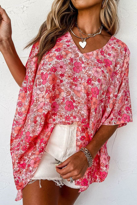Pink Boho Floral V Neck Kimono Style Blouse Pink Boho Floral V Neck Kimono Style Blouse