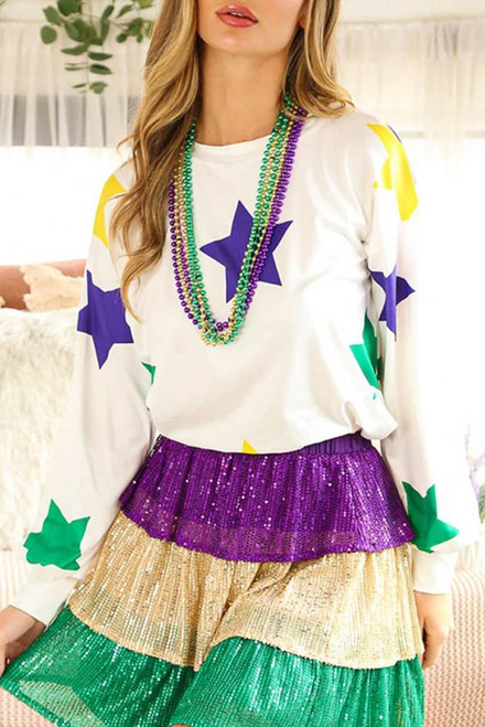 White Mardi Gras Star Printed Long Sleeve Top White Mardi Gras Star Printed Long Sleeve Top