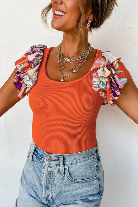 Orange Ribbed Knit Tiered Ruffled Sleeve Bodysuit Orange Ribbed Knit Tiered Ruffled Sleeve Bodysuit